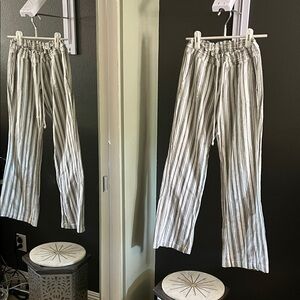 Roxy Striped Drawstring Linen-Blend Pants in White and Light Gray